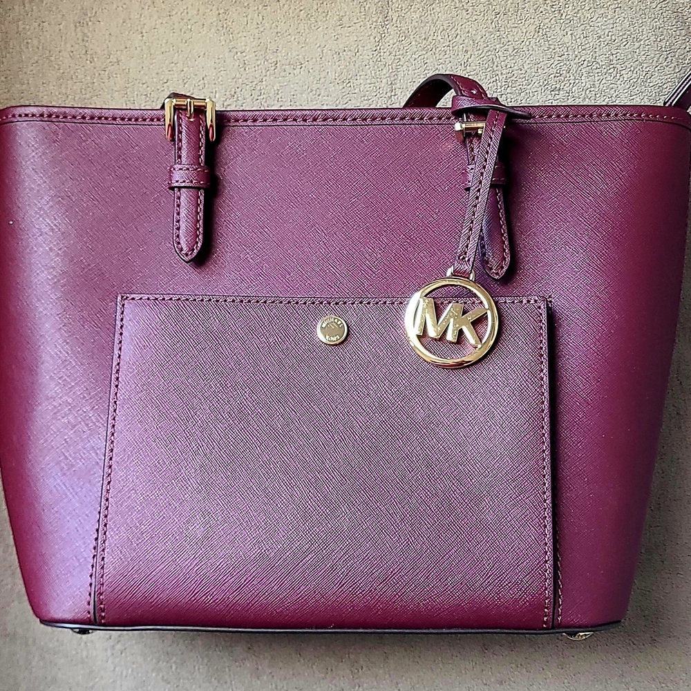Michael Kors Plum Saffiano Leather Tote with Gold MK Charm